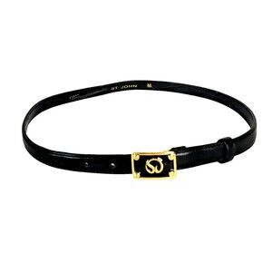 St John Black Leather Belt Enamel Signature Gold Buckle Women Size Medium 29 -33